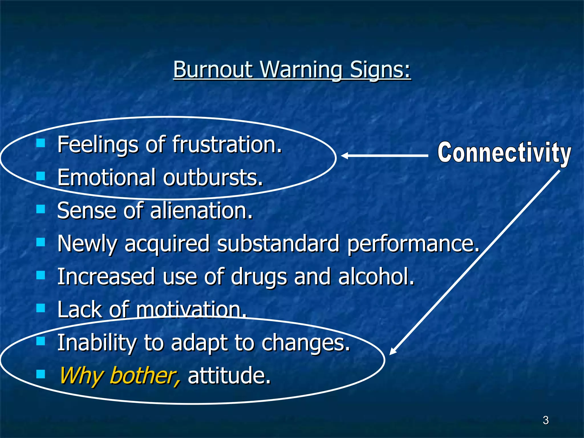Burnout Warning Signs: Feelings of frustration. Emotional outbursts. Sense of alienation. Newly acquired substandard performance. Increased use of drugs and alcohol. Lack of motivation. Inability to adapt to changes. Why bother,  attitude. Connectivity 