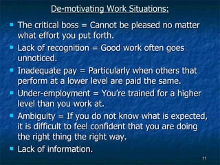 De-motivating Work Situations: The critical boss = Cannot be pleased no matter what effort you put forth. Lack of recognition = Good work often goes unnoticed. Inadequate pay = Particularly when others that perform at a lower level are paid the same. Under-employment = You’re trained for a higher level than you work at. Ambiguity = If you do not know what is expected, it is difficult to feel confident that you are doing the right thing the right way. Lack of information. 