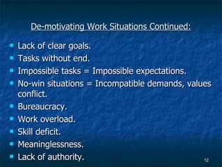 De-motivating Work Situations Continued: Lack of clear goals. Tasks without end. Impossible tasks = Impossible expectations. No-win situations = Incompatible demands, values conflict. Bureaucracy. Work overload. Skill deficit. Meaninglessness. Lack of authority. 