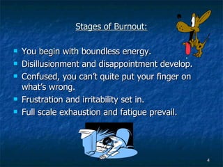 Stages of Burnout: You begin with boundless energy. Disillusionment and disappointment develop. Confused, you can’t quite put your finger on what’s wrong. Frustration and irritability set in. Full scale exhaustion and fatigue prevail. 