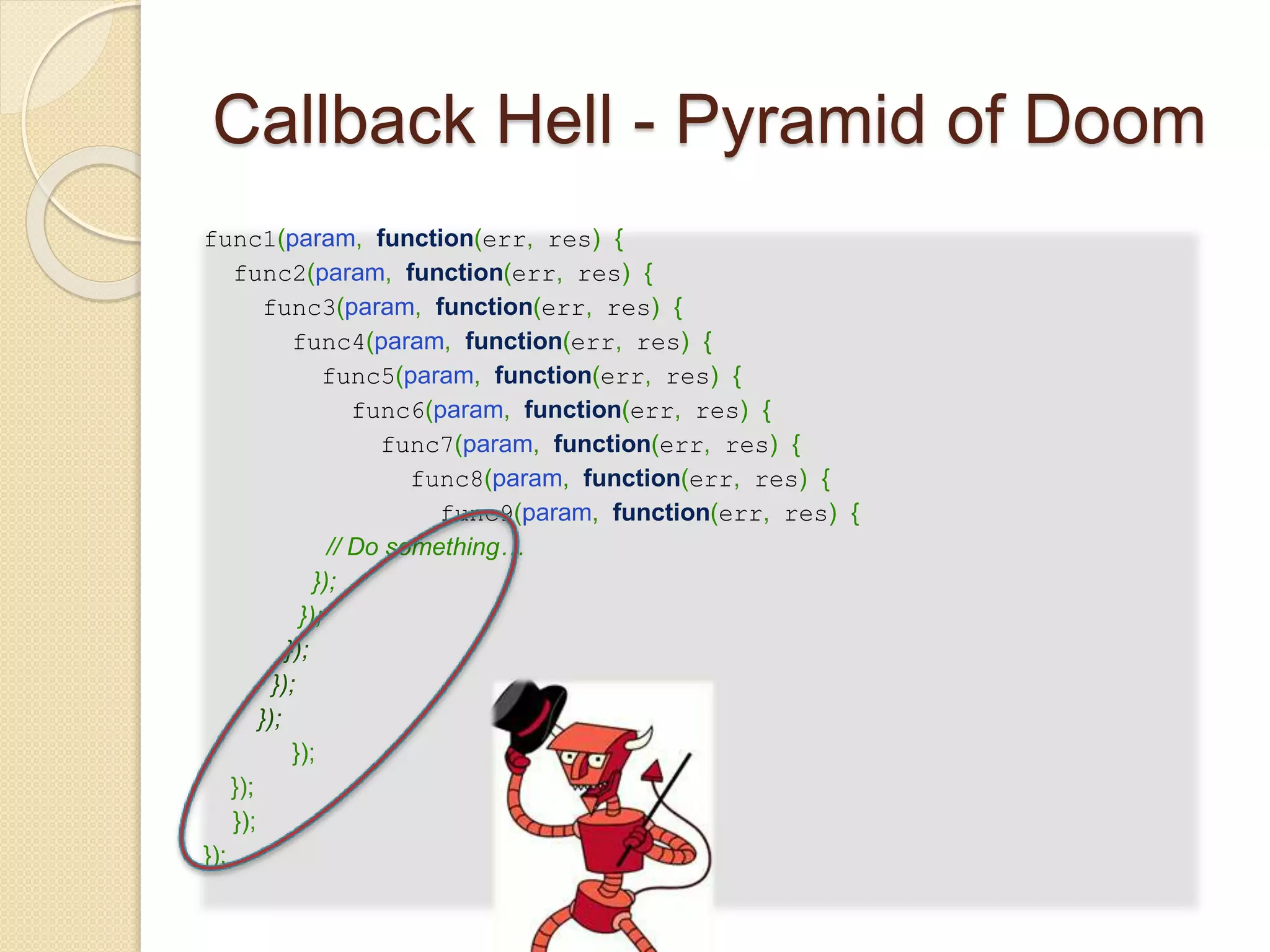 Callback Hell - Pyramid of Doom
func1(param, function(err, res) {
func2(param, function(err, res) {
func3(param, function(err, res) {
func4(param, function(err, res) {
func5(param, function(err, res) {
func6(param, function(err, res) {
func7(param, function(err, res) {
func8(param, function(err, res) {
func9(param, function(err, res) {
// Do something…
});
});
});
});
});
});
});
});
});
 