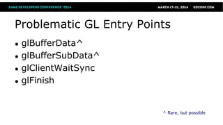 Problematic GL Entry Points
● glBufferData^
● glBufferSubData^
● glClientWaitSync
● glFinish
^ Rare, but possible
 