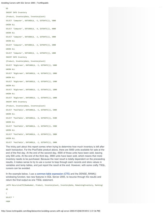 Avoiding cursors with sql server 2005 tech republic | PDF