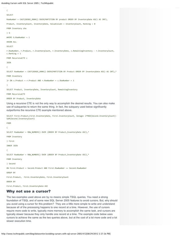 Avoiding cursors with sql server 2005 tech republic | PDF