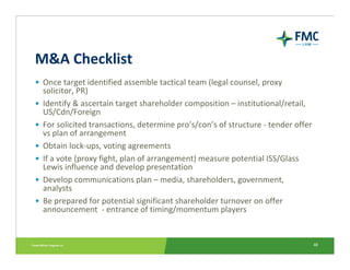 M&A Checklist
• Once target identified assemble tactical team (legal counsel, proxy 
  solicitor, PR)
• Identify & ascerta...