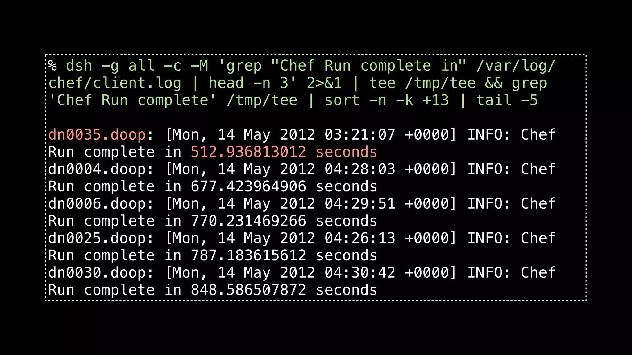 % dsh -g all -c -M 'grep "Chef Run complete in" /var/log/
chef/client.log | head -n 3' 2>&1 | tee /tmp/tee && grep
'Chef Run complete' /tmp/tee | sort -n -k +13 | tail -5

dn0035.doop:   [Mon, 14 May 2012 03:21:07   +0000] INFO: Chef
Run complete   in 512.936813012 seconds
dn0004.doop:   [Mon, 14 May 2012 04:28:03   +0000] INFO: Chef
Run complete   in 677.423964906 seconds
dn0006.doop:   [Mon, 14 May 2012 04:29:51   +0000] INFO: Chef
Run complete   in 770.231469266 seconds
dn0025.doop:   [Mon, 14 May 2012 04:26:13   +0000] INFO: Chef
Run complete   in 787.183615612 seconds
dn0030.doop:   [Mon, 14 May 2012 04:30:42   +0000] INFO: Chef
Run complete   in 848.586507872 seconds
 