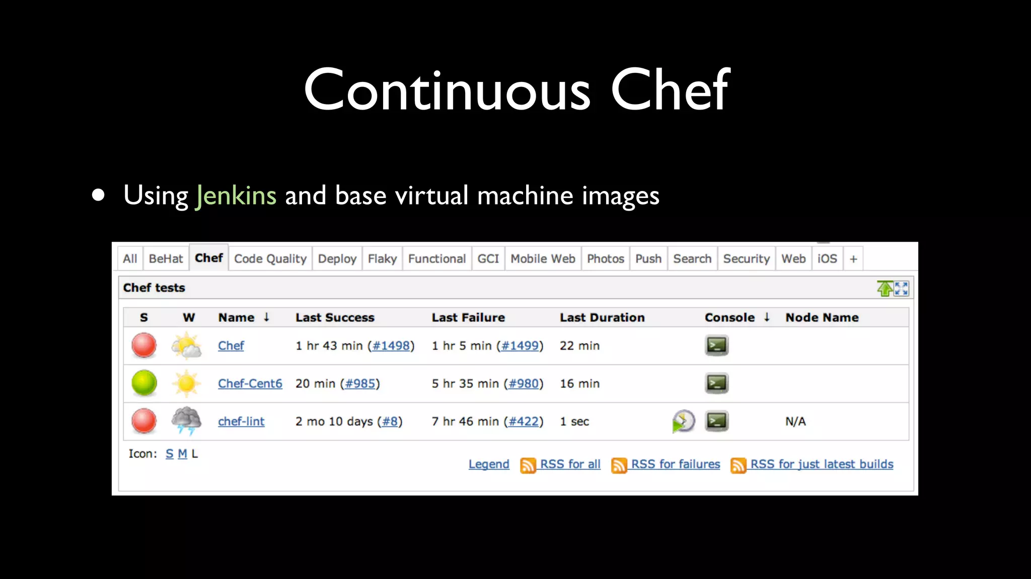 Continuous Chef
•   Using Jenkins and base virtual machine images
 