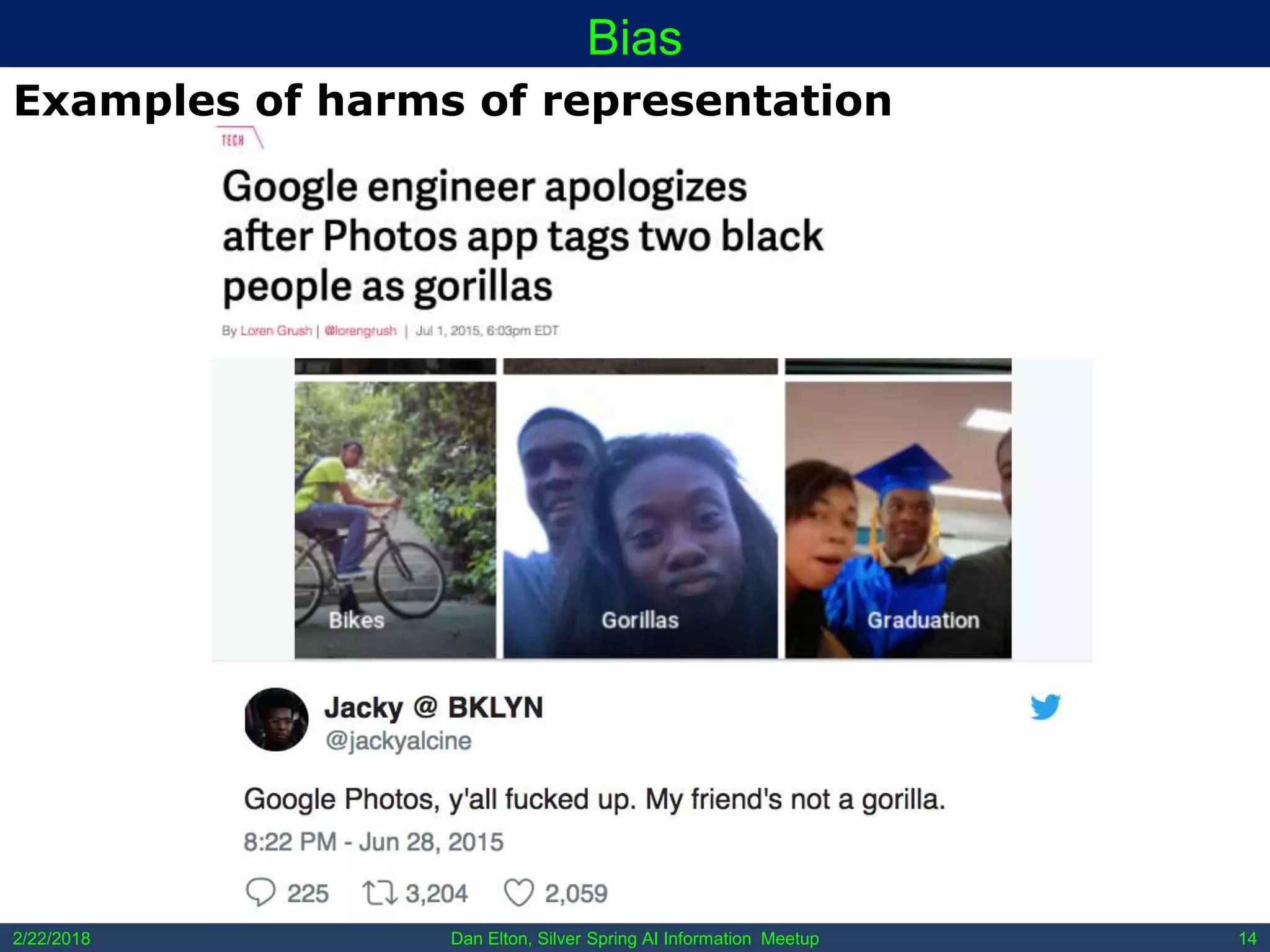 Dan Elton, Silver Spring AI Information Meetup2/22/2018 14
Bias
Examples of harms of representation
 