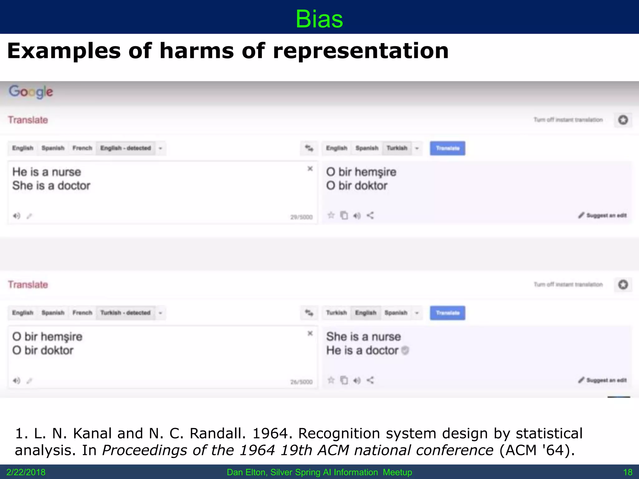 Dan Elton, Silver Spring AI Information Meetup2/22/2018 18
Bias
1. L. N. Kanal and N. C. Randall. 1964. Recognition system design by statistical
analysis. In Proceedings of the 1964 19th ACM national conference (ACM '64).
Examples of harms of representation
 