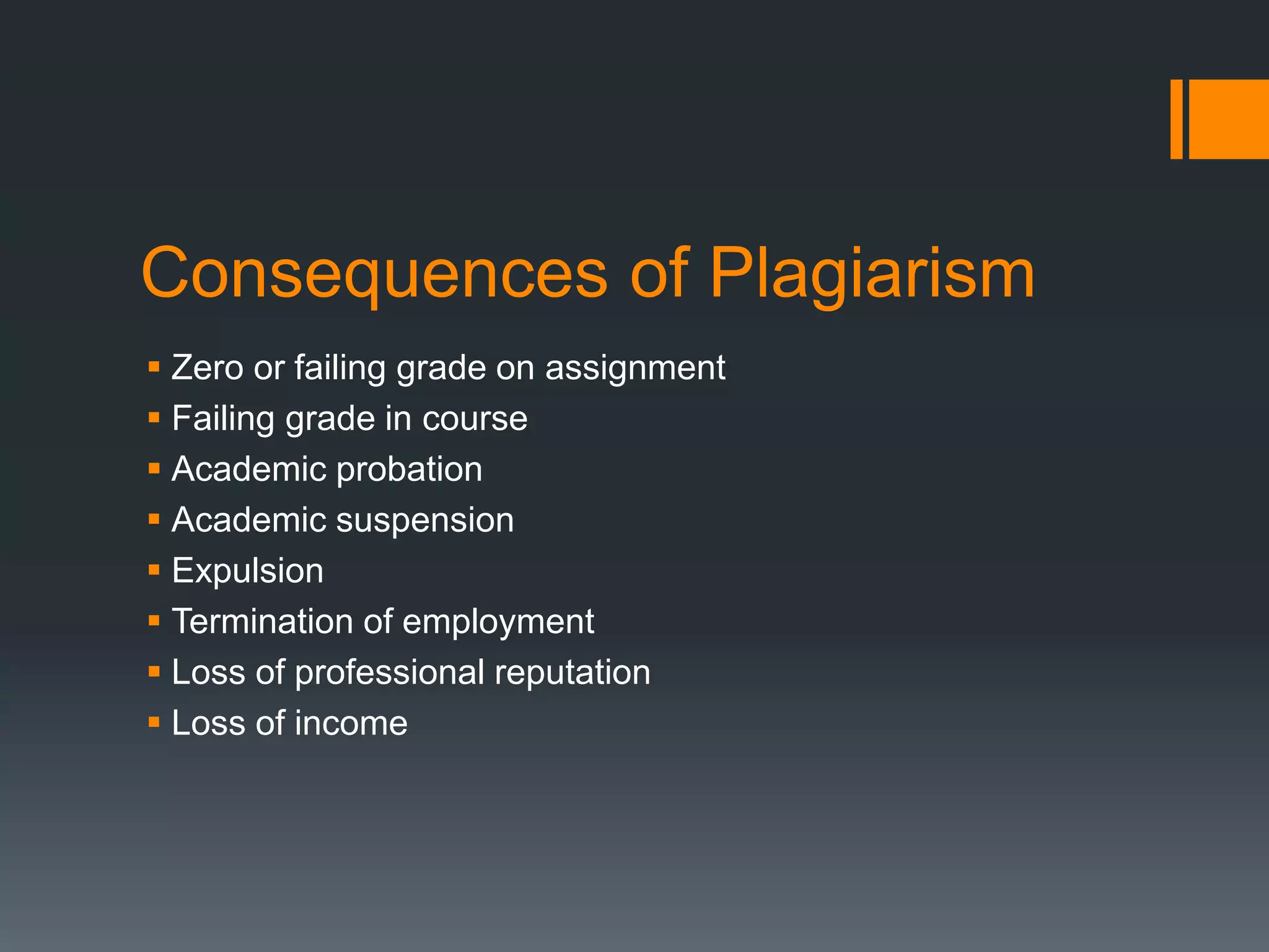 Consequences of Plagiarism 
 Zero or failing grade on assignment 
 Failing grade in course 
 Academic probation 
 Academic suspension 
 Expulsion 
 Termination of employment 
 Loss of professional reputation 
 Loss of income 
 