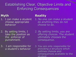 Establishing Clear, Objective Limits and Enforcing Consequences Myth 1.  I can make a student choose appropriate behavior 2.  By setting limits, I take the position as the  enforcer of punishment. 3.  I am responsible for a student’s behavior Reality 1.   No one can make a student do anything they do not choose to do.  2. By setting limits, you are offering choices. The student ultimately chooses the consequence.  3. You are only responsible for providing a structure which outlines choices and consequences available to the student.   