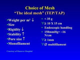 Choice of Mesh “The ideal mesh” (TEP/TAP)   Weight per m 2   Size Rigidity   Stability   Pore size   Monofilament Courtesy of Hanover Hospital < 35 g    10 X 15 cm Endoscopic handling 150mmHg=  ~16 N/cm    1mm    multifilament 