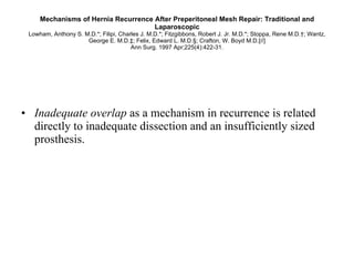 Mechanisms of Hernia Recurrence After Preperitoneal Mesh Repair: Traditional and Laparoscopic Lowham, Anthony S. M.D.*; Filipi, Charles J. M.D.*; Fitzgibbons, Robert J. Jr. M.D.*; Stoppa, Rene M.D.†; Wantz, George E. M.D.‡; Felix, Edward L. M.D.§; Crafton, W. Boyd M.D.[//] Ann Surg. 1997 Apr;225(4):422-31. Inadequate overlap  as a mechanism in recurrence is related directly to inadequate dissection and an insufficiently sized prosthesis.  