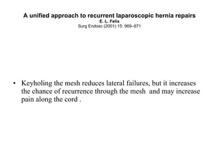 A unified approach to recurrent laparoscopic hernia repairs E. L. Felix Surg Endosc (2001) 15: 969–971 Keyholing the mesh reduces lateral failures, but it increases the chance of recurrence through the mesh  and may increase pain along the cord . 