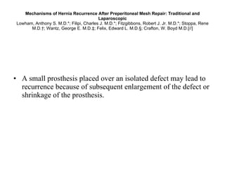 Mechanisms of Hernia Recurrence After Preperitoneal Mesh Repair: Traditional and Laparoscopic Lowham, Anthony S. M.D.*; Filipi, Charles J. M.D.*; Fitzgibbons, Robert J. Jr. M.D.*; Stoppa, Rene M.D.†; Wantz, George E. M.D.‡; Felix, Edward L. M.D.§; Crafton, W. Boyd M.D.[//] A small prosthesis placed over an isolated defect may lead to recurrence because of subsequent enlargement of the defect or shrinkage of the prosthesis.  