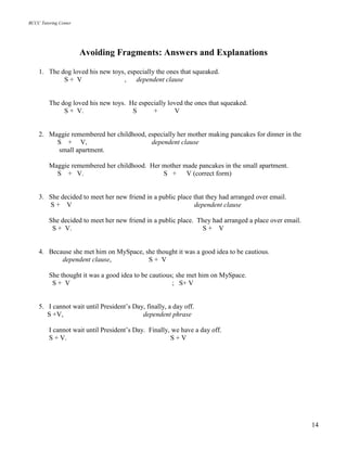 BCCC Tutoring Center
14
Avoiding Fragments: Answers and Explanations
1. The dog loved his new toys, especially the ones that squeaked.
S + V , dependent clause
The dog loved his new toys. He especially loved the ones that squeaked.
S + V. S + V
2. Maggie remembered her childhood, especially her mother making pancakes for dinner in the
S + V, dependent clause
small apartment.
Maggie remembered her childhood. Her mother made pancakes in the small apartment.
S + V. S + V (correct form)
3. She decided to meet her new friend in a public place that they had arranged over email.
S + V dependent clause
She decided to meet her new friend in a public place. They had arranged a place over email.
S + V. S + V
4. Because she met him on MySpace, she thought it was a good idea to be cautious.
dependent clause, S + V
She thought it was a good idea to be cautious; she met him on MySpace.
S + V ; S+ V
5. I cannot wait until President’s Day, finally, a day off.
S +V, dependent phrase
I cannot wait until President’s Day. Finally, we have a day off.
S + V. S + V
 
