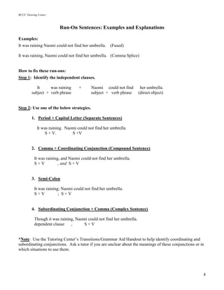 BCCC Tutoring Center
4
Run-On Sentences: Examples and Explanations
Examples:
It was raining Naomi could not find her umbrella. (Fused)
It was raining, Naomi could not find her umbrella. (Comma Splice)
How to fix these run-ons:
Step 1: Identify the independent clauses.
It was raining + Naomi could not find her umbrella.
subject + verb phrase subject + verb phrase (direct object)
Step 2: Use one of the below strategies.
1. Period + Capital Letter (Separate Sentences)
It was raining. Naomi could not find her umbrella.
S + V. S +V
2. Comma + Coordinating Conjunction (Compound Sentence)
It was raining, and Naomi could not find her umbrella.
S + V , and S + V
3. Semi-Colon
It was raining; Naomi could not find her umbrella.
S + V ; S + V
4. Subordinating Conjunction + Comma (Complex Sentence)
Though it was raining, Naomi could not find her umbrella.
dependent clause , S + V
*Note: Use the Tutoring Center’s Transitions/Grammar Aid Handout to help identify coordinating and
subordinating conjunctions. Ask a tutor if you are unclear about the meanings of these conjunctions or in
which situations to use them.
 