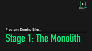 Stage 1: The Monolith
THE MONOLITH
DB
GET /users/x PUT /videos/xx1000#
$
{
"id": “some-uuid",
"name": "Vicenç",
"total_vid...