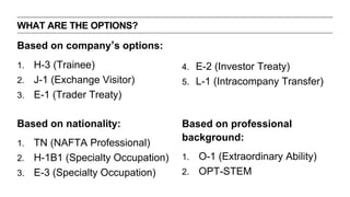 WHAT ARE THE OPTIONS? 
Based on companys options: 
1. H-3 (Trainee) 
2. J-1 (Exchange Visitor) 
3. E-1 (Trader Treaty) 
Based on nationality: 
1. TN (NAFTA Professional) 
2. H-1B1 (Specialty Occupation) 
3. E-3 (Specialty Occupation) 
4. E-2 (Investor Treaty) 
5. L-1 (Intracompany Transfer) 
Based on professional 
background: 
1. O-1 (Extraordinary Ability) 
2. OPT-STEM 
 
