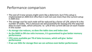 Performance comparison
• The cost of 4 new servers might seem like a deterrent, but if this setup is
implemented on AWS EC2 infra then it will not cost more than the current setup
in AWS EC2.
• The storage cost for each node will be reduced by a factor of 1/N, where N is the
number of nodes. This is because we will essentially be storing only the required
data on each node, which amounts to 1/N of the current DB size on each master
in the cluster
• As storage size reduces, so does the table sizes and index sizes
• As the RAM to DB size ratio increases, it is guaranteed to give better memory
performance
• CPU cores available per TB of data increases, which will give better
performance
• If we use SSDs for storage then we can achieve even better performance
 