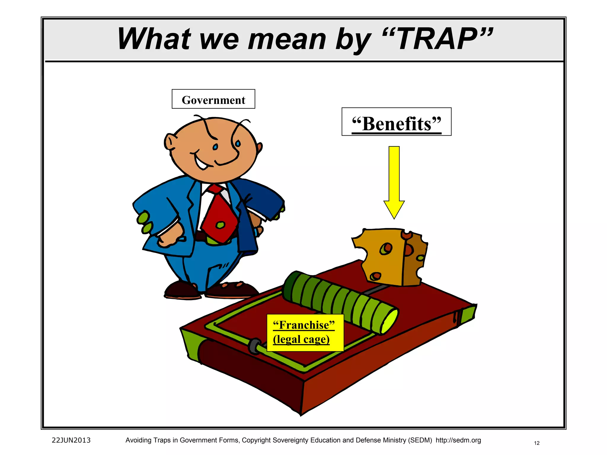 12
What we mean by “TRAP”
22JUN2013 Avoiding Traps in Government Forms, Copyright Sovereignty Education and Defense Ministry (SEDM) http://sedm.org
“Benefits”
“Franchise”
(legal cage)
Government
 