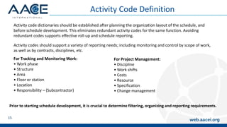 Activity Code Definition
Activity code dictionaries should be established after planning the organization layout of the schedule, and
before schedule development. This eliminates redundant activity codes for the same function. Avoiding
redundant codes supports effective roll-up and schedule reporting.
Activity codes should support a variety of reporting needs; including monitoring and control by scope of work,
as well as by contracts, disciplines, etc.
15
For Tracking and Monitoring Work:
• Work phase
• Structure
• Area
• Floor or station
• Location
• Responsibility – (Subcontractor)
For Project Management:
• Discipline
• Work shifts
• Costs
• Resource
• Specification
• Change management
Prior to starting schedule development, it is crucial to determine filtering, organizing and reporting requirements.
 