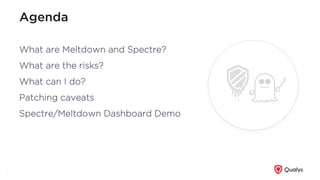 Agenda
What are Meltdown and Spectre?
What are the risks?
What can I do?
Patching caveats
Spectre/Meltdown Dashboard Demo
2
 