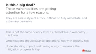 Is this a big deal?
These vulnerabilities are getting
attention for a few reasons:
They are a new style of attack, diﬃcult to fully remediate, and
extremely pervasive
This is not the same priority level as EternalBlue / WannaCry —
it is lower
Organizations should balance operational risk with security risk
Understanding impact and having a way to measure the
mitigation progress is key
4
 