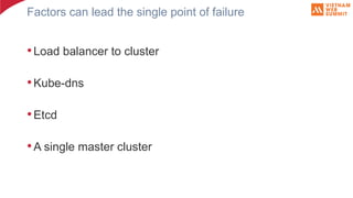 Factors can lead the single point of failure
•Load balancer to cluster
•Kube-dns
•Etcd
•A single master cluster
 