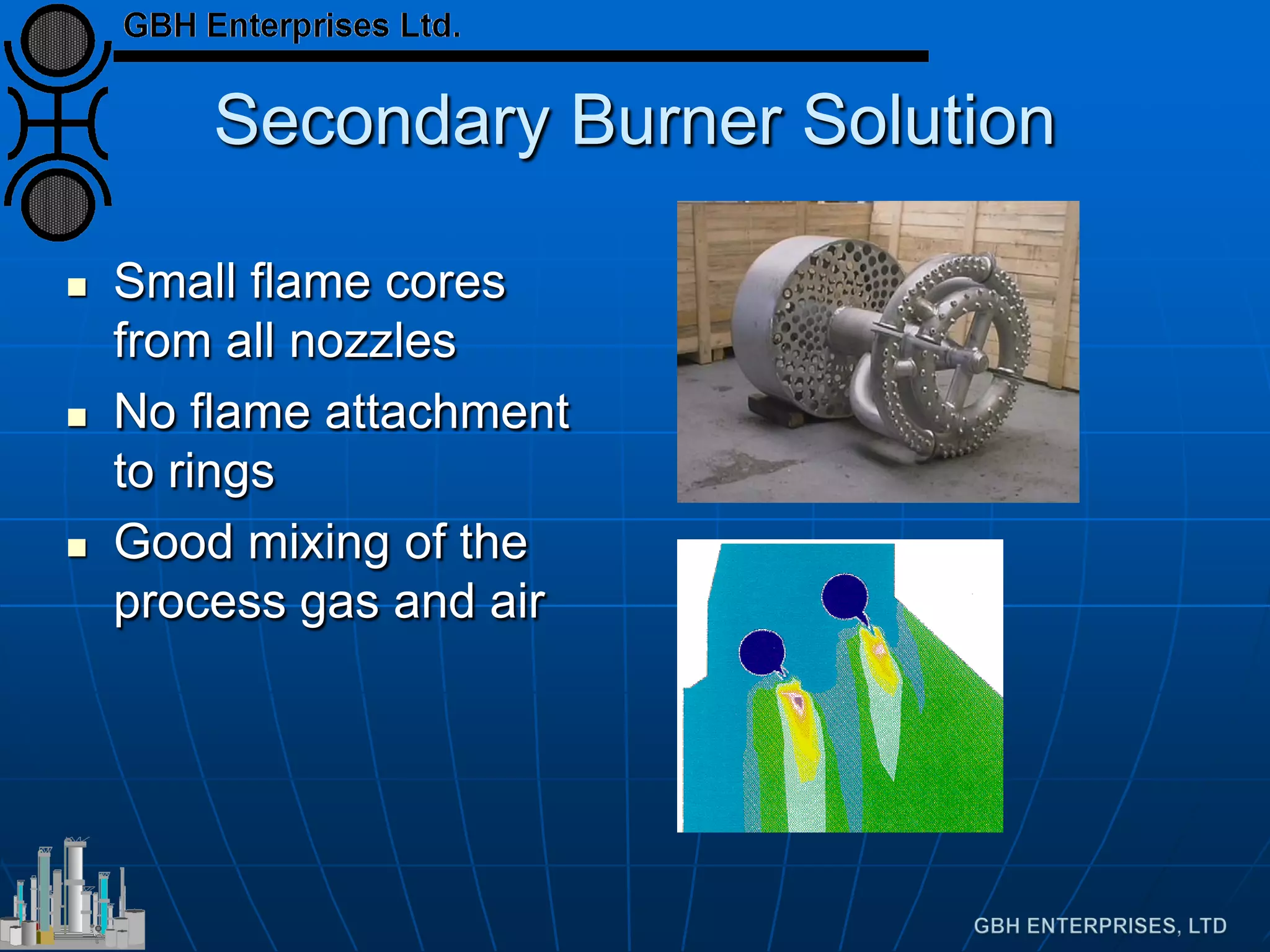 Secondary Burner Solution
 Small flame cores
from all nozzles
 No flame attachment
to rings
 Good mixing of the
process gas and air
 