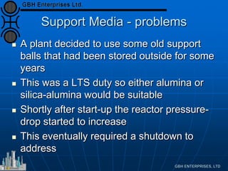 Support Media - problems
 A plant decided to use some old support
balls that had been stored outside for some
years
 This was a LTS duty so either alumina or
silica-alumina would be suitable
 Shortly after start-up the reactor pressure-
drop started to increase
 This eventually required a shutdown to
address
 