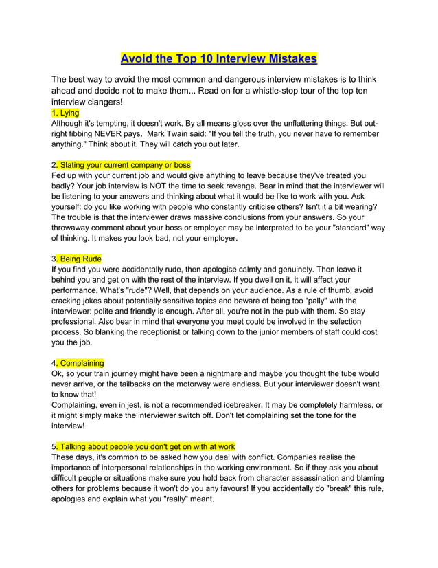 Avoid The Top 10 Interview Mistakes PDF Avoid the top 10 interview mistakes pdf