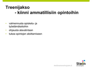 Treenijakso 
- kiinni ammatillisiin opintoihin 
• valmennusta opiskelu- ja 
työelämätaitoihin 
• ohjausta alavalintaan 
• tukea opintojen aloittamiseen 
 