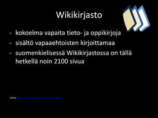 Wikikirjasto
- kokoelma vapaita tieto- ja oppikirjoja
- sisältö vapaaehtoisten kirjoittamaa
- suomenkielisessä Wikikirjastossa on tällä
  hetkellä noin 2100 sivua




Lähde: http://fi.wikipedia.org/wiki/Wikikirjasto
 