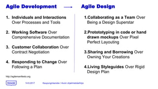 Agile Development
1. Individuals and Interactions
Over Processes and Tools
2. Working Software Over
Comprehensive Documentation
3. Customer Collaboration Over
Contract Negotiation
4. Responding to Change Over
Following a Plan
14.9.2017
Agile Design
1.Collaborating as a Team Over
Being a Design Superstar
2.Protototyping in code or hand
drawn mockups Over Pixel
Perfect Layouting
3.Sharing and Borrowing Over
Owning Your Creations
4.Living Styleguides Over Rigid
Design Plan
http://agilemanifesto.org
Kaupunginkanslia / Avoin ohjelmistokehitys
 