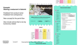 Example:
Starting a restaurant in Helsinki
Feedback from product owner
Feedback from entreprenour
New concept for the permit flow
Also include advice that is not city
bureocracy related
14.9.2017 Kaupunginkanslia / Avoin ohjelmistokehitys
 