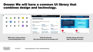 Dream: We will have a common UI library that
combines design and technology.
14.9.2017
IBM Carbon Design System
carbondesignsystem.com
GOV.UK elements
http://govuk-elements.herokuapp.com/
US Web Design Standards
https://standards.usa.gov/
Kaupunginkanslia / Avoin ohjelmistokehitys
 