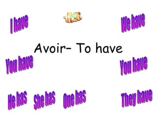 Avoir – To have I have You have She has He has You have We have They have One has 