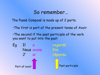 Eg  Il   a  regardé   Nous avons   fini J’ ai  répondu Part of avoir Past participle So remember… The Passé Composé is made up of 2 parts. The first is part of the present tense of Avoir The second if the past participle of the verb you want to put into the past 