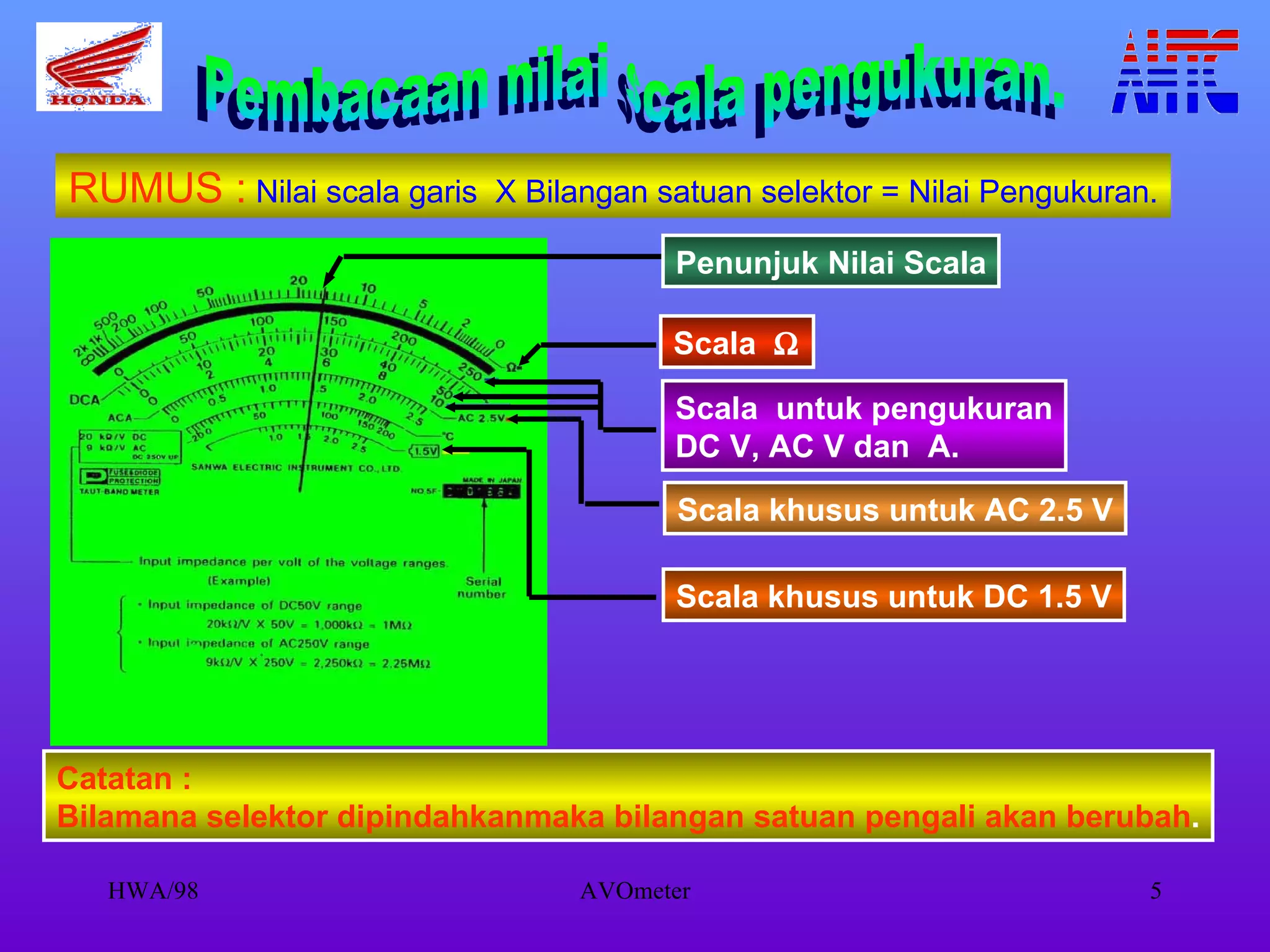 Catatan : Bilamana selektor dipindahkanmaka bilangan satuan pengali akan berubah . Pembacaan nilai scala pengukuran. RUMUS :   Nilai scala garis  X Bilangan satuan selektor = Nilai Pengukuran. Penunjuk Nilai Scala Scala  untuk pengukuran DC V, AC V dan  A.   Scala khusus untuk AC 2.5 V Scala khusus untuk DC 1.5 V Scala   