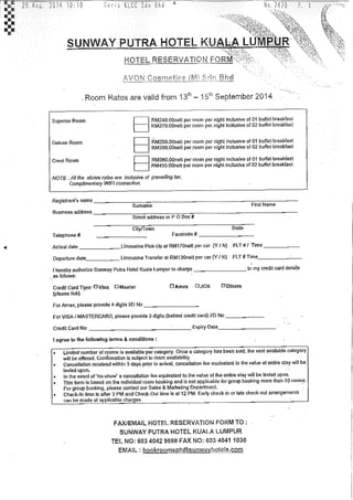 Hotel Reservation Form AVON Cosmetics (M) Sdn Bhd 13-15 September 2014