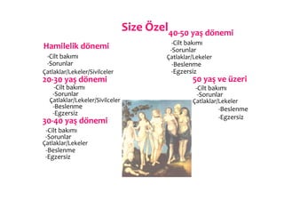            	
                         	
                     	
  	
                                        	
  	
  
       	
  	
  
                                                                                                             Size	
  Özel	
   0-­‐50	
  yaş	
  dönemi	
  	
  
                                                                                  	
  	
  	
  	
  	
  	
  	
  
                                                                                                                 	
     	
  4
       	
  	
  	
  	
  	
  	
  	
  Hamilelik	
  dönemi	
  	
                                                                                    	
  	
   	
  	
  	
  -­‐Cilt	
  bakımı	
  
                                                                                                                                                	
  	
  	
  	
  	
  	
  	
  	
  	
  	
  	
  	
  -­‐Sorunlar	
  
                     	
  -­‐Cilt	
  bakımı	
  	
                                                                                                	
  	
  	
  	
  	
  	
  	
  	
  	
  	
  Çatlaklar/Lekeler	
  
                       	
  -­‐Sorunlar	
                                                                                                                                                	
  	
  	
  -­‐Beslenme	
  
                  	
  Çatlaklar/Lekeler/Sivilceler	
                                                                                                                                    	
  	
  	
  -­‐Egzersiz	
  	
  	
  
                   20-­‐30	
  yaş	
  dönemi	
  	
                                                                                                                             	
               	
  50	
  yaş	
  ve	
  üzeri	
  	
  
                   	
  	
  	
  	
  	
  	
  	
  -­‐Cilt	
  bakımı	
                                                      	
  	
  	
  	
  	
  	
  	
  	
  	
  	
  	
            	
               	
  	
  	
  -­‐Cilt	
  bakımı	
  
                   	
  	
  	
  	
  	
  	
  	
  -­‐Sorunlar	
                                                                                     	
  	
  	
  	
               	
               	
  	
  	
  	
  -­‐Sorunlar	
  
                   	
  	
  	
  	
  	
  Çatlaklar/Lekeler/Sivilceler	
                                                                                                         	
               	
  Çatlaklar/Lekeler	
  
                   	
  	
  	
  	
  	
  	
  	
  -­‐Beslenme	
                                                                                             	
  	
  	
  	
   	
                   	
                       	
  	
  -­‐Beslenme	
  
                   	
  	
  	
  	
  	
  	
  	
  -­‐Egzersiz	
  	
  	
  
                                                                                                                                                         	
  	
  	
  	
  	
   	
               	
                       	
  	
  -­‐Egzersiz	
  	
  	
  
                   30-­‐40	
  yaş	
  dönemi	
  
                  	
  	
  	
  -­‐Cilt	
  bakımı	
  
                      	
  	
  -­‐Sorunlar	
  
                   Çatlaklar/Lekeler	
  
                   	
  	
  -­‐Beslenme	
  
                   	
  	
  -­‐Egzersiz	
  	
  	
  
	
  
 
