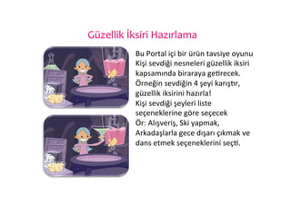 Güzellik	
  İksiri	
  Hazırlama	
  
              Bu	
  Portal	
  içi	
  bir	
  ürün	
  tavsiye	
  oyunu	
  
              Kişi	
  sevdiği	
  nesneleri	
  güzellik	
  iksiri	
  
              kapsamında	
  biraraya	
  ge6recek.	
  
              Örneğin	
  sevdiğin	
  4	
  şeyi	
  karışGr,	
  
              güzellik	
  iksirini	
  hazırla!	
  
              Kişi	
  sevdiği	
  şeyleri	
  liste	
  
              seçeneklerine	
  göre	
  seçecek	
  
              Ör:	
  Alışveriş,	
  Ski	
  yapmak,	
  
              Arkadaşlarla	
  gece	
  dışarı	
  çıkmak	
  ve	
  
              dans	
  etmek	
  seçeneklerini	
  seç6.	
  
              	
  
              	
  
 