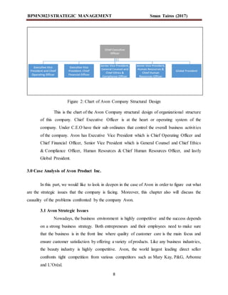 BPMN3023 STRATEGIC MANAGEMENT Sman Tairos (2017)
8
Figure 2: Chart of Avon Company Structural Design
This is the chart of the Avon Company structural design of organizational structure
of this company. Chief Executive Officer is at the heart or operating system of the
company. Under C.E.O have their sub ordinates that control the overall business activities
of the company. Avon has Executive Vice President which is Chief Operating Officer and
Chief Financial Officer, Senior Vice President which is General Counsel and Chief Ethics
& Compliance Officer, Human Resources & Chief Human Resources Officer, and lastly
Global President.
3.0 Case Analysis of Avon Product Inc.
In this part, we would like to look in deepen in the case of Avon in order to figure out what
are the strategic issues that the company is facing. Moreover, this chapter also will discuss the
causality of the problems confronted by the company Avon.
3.1 Avon Strategic Issues
Nowadays, the business environment is highly competitive and the success depends
on a strong business strategy. Both entrepreneurs and their employees need to make sure
that the business is in the front line where quality of customer care is the main focus and
ensure customer satisfaction by offering a variety of products. Like any business industries,
the beauty industry is highly competitive. Avon, the world largest leading direct seller
confronts tight competition from various competitors such as Mary Kay, P&G, Arbonne
and L’Oréal.
 