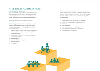Healthcare and Hospitality - We work with our clients to address
specific healthcare needs of hygiene, orderliness, and patient care
to ensure satisfaction of service treatment. Further, we combine a
medically certified staff and a proven healthcare cleaning method.
Our offerings are:
i. Critical cleaning in OPD, IPD, ICU, OT and other areas
ii. Trained staff to handle exigencies and emergencies
iii. Patient care
iv. Linen management
v. General duty assistance and 24/7 support
vi. Electromechanical maintenance of critical areas
vii. Cleaning and water management
Avon understands the nuances of your setup and provides tailor
made solutions for different industry segments. We are fully
committed to transform every service towards “Customer
Delight” by providing world class service delivery standards.
Avon’s dedicated efforts cover the following verticals:
Manufacturing and Industrial - Avon provides services with
OHSAS certified safety procedures and specialized delivery
modules that are capable of efficiently supporting various
products. The offerings are:
i. Industrial cleaning - For oil, power, mining, metallurgical,
food, automobile and pharmaceutical products with
customized solutions
ii. Mechanization - State of the art machines available to
support mechanization
iii. Safety and security
iv. Industrial / Factory act compliances
v. Industrial relations
vi. 24/7 support
A. VERTICAL BASED SERVICES
Understanding Your Special Needs
 