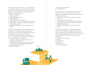 Corporate Services, BFSI and IT/ITES – For a competitive and
non-stop working corporate environment, it is very important for
organizations to keep their facilities running in perfect condition.
We recognize the 24/7 needs of the corporates, and deliver
excellence in the following services:
i. Mailroom management
ii. Handyman services
iii. Lawn and garden maintenance
iv. Cafeteria operations
v. On-call services for remote locations
vi. Concierge services – electricity bill payments and genset fuel
vii. Staple supplies – stationery, tea / coffee and mineral water
supply across the country
viii. Single point online helpdesk module available for branch
network
Residential and Educational Institutes - Avon FMS’s specially
trained personnel are adept at taking care of children and
creating a safe environment for their development. We take care
of the facilities, ranging from general housekeeping,
electromechanical services and pantry services to handyman
services. In residential areas, we provide additional services of
concierge and helpdesks. The offerings are:
i. Large space management – playground, park area, etc.
ii. Safety and security of children
a. Trained staff to handle children in educational institutes
b. Specialized staff to handle differently abled children
iii. Helpdesk and concierge services
iv. Pest control services
v. Lawn and garden maintenance
vi. Laboratory cleaning
Retail and Commercial - Retail businesses and commercial
ventures cannot thrive and prosper unless premises, stock,
employees and customers have a safe and secure environment. Our
offerings in this vertical are:
i. Single window services for HK, technical and pest control
services
ii. On-call services for remote locations
iii. Concierge services – electricity bill payments and genset fuel
iv. Staple supplies – stationery, tea / coffee and mineral water
supply across the country
v. Single point online helpdesk module available for branch
network
Public Utility and Government - At Avon, we have unrivalled
experience of maintaining critical supply chains and assets for
industries including aviation, oil and gas, electricity, renewable
energy and open spaces for public utility. Our utility clients trust us to
deliver tangible results and value for money. Our offerings
extend across:
i. Shopping malls and complexes
ii. Airports
iii. Cargo terminals
iv. Public parks
v. Recreation centres
vi. Government organizations
 