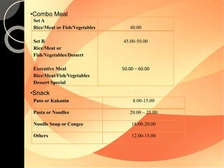 •Combo Meal 
Set A 
Rice/Meat or Fish/Vegetables 40.00 
Set B 
Rice/Meat or 
Fish/Vegetables/Dessert 
Executive Meal 
Rice/Meat/Fish/Vegetables 
Dessert Special 
45.00-50.00 
50.00 – 60.00 
•Snack 
Puto or Kakanin 8.00-15.00 
Pasta or Noodles 20.00 – 25.00 
Noodle Soup or Congee 18.00-20.00 
Others 12.00-15.00 
 