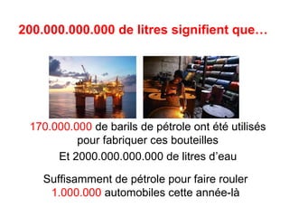 200.000.000.000 de litres signifient que… 
170.000.000 de barils de pétrole ont été utilisés 
pour fabriquer ces bouteilles 
Et 2000.000.000.000 de litres d’eau 
Suffisamment de pétrole pour faire rouler 
1.000.000 automobiles cette année-là 
 