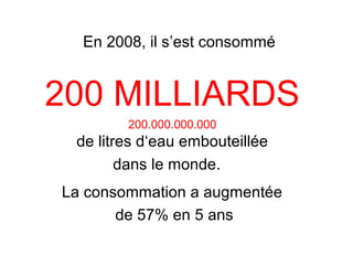 En 2008, il s’est consommé

200 MILLIARDS
200.000.000.000

de litres d‘eau embouteillée
dans le monde.
La consommation a augmentée
de 57% en 5 ans

 