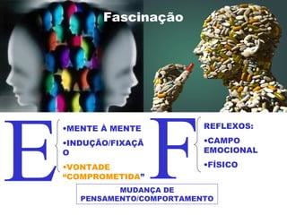  
 
E F
•MENTE À MENTE
•INDUÇÃO/FIXAÇÃ
O
•VONTADE
“COMPROMETIDA”
REFLEXOS:
•CAMPO
EMOCIONAL
•FÍSICO
MUDANÇA DE
PENSAMENTO/COMPORTAMENTO
Fascinação
 
